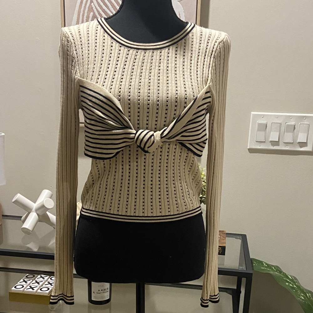 Elegant Cream and Black Striped Knotted Blouse